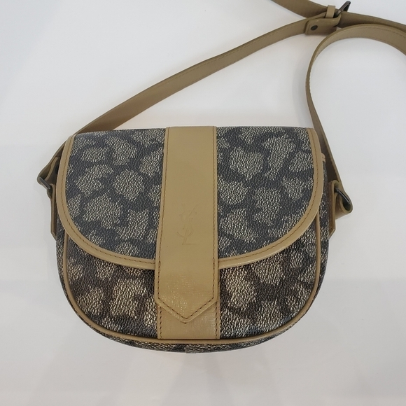 YSL Brown Tan Giraffe Print Coated Canvas Leather Trim Vintage Crossbody Bag - Picture 1 of 16
